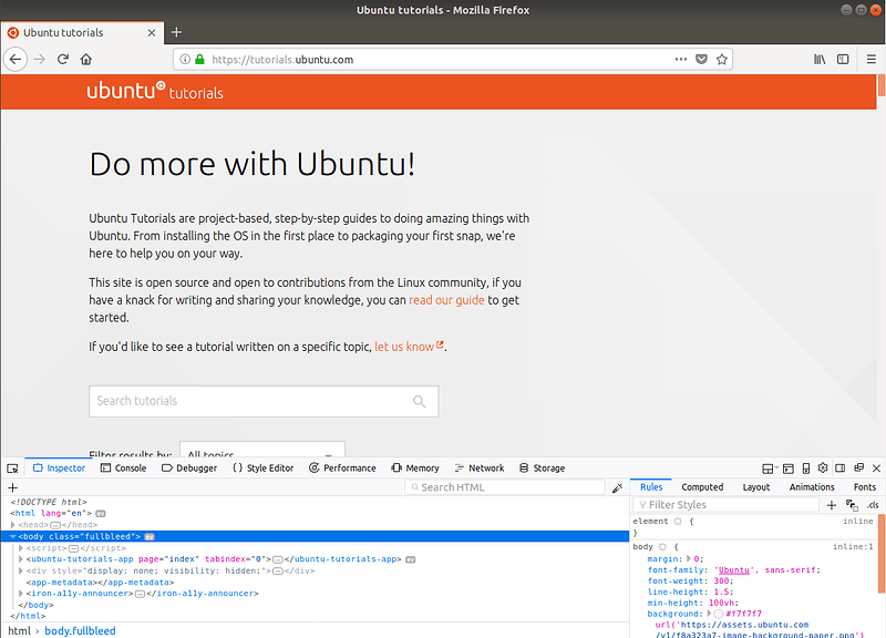 Firefox with the developer tools open