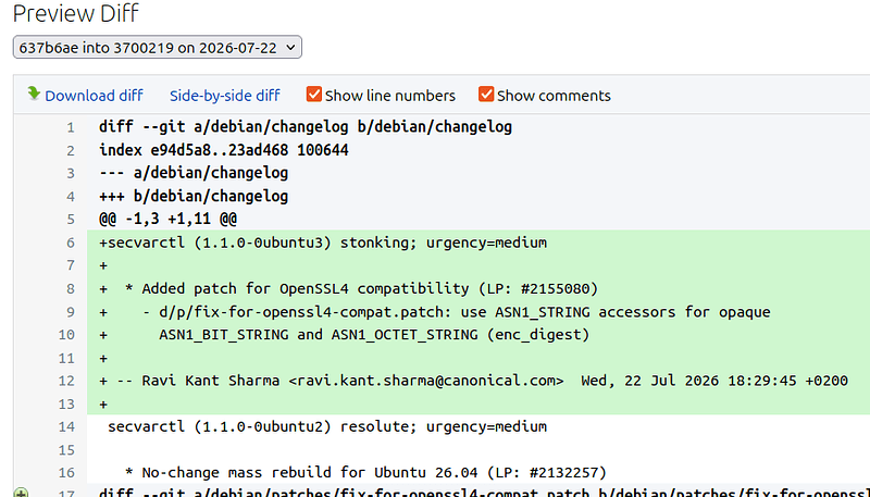 The MP's proposed changelog entry: secvarctl 1.1.0-0ubuntu3, adding a patch for OpenSSL4 compatibility