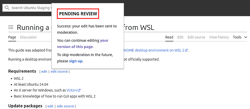 Dialog when a new user submits an edit, showing that it is pending review and that they can still edit their version.