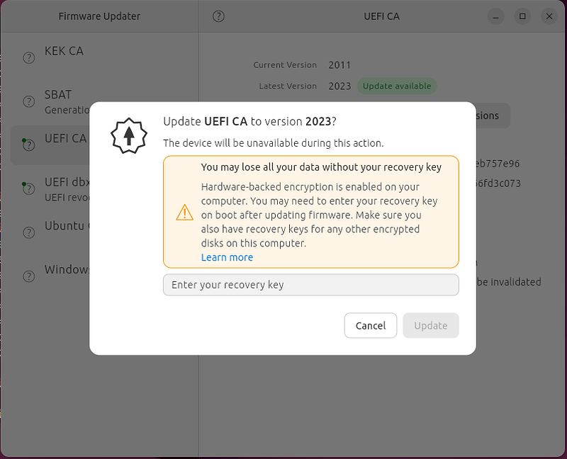 Prompting for recovery key before firmware update