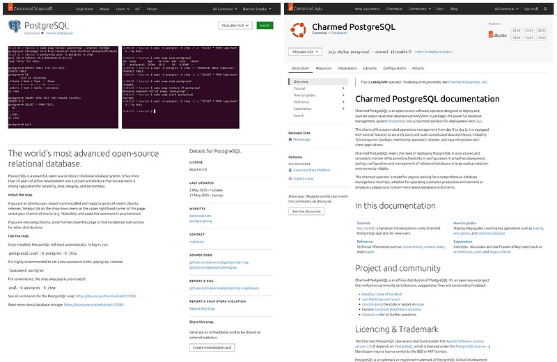 comparison of package details pages in snapcraft.io and charmhub.io