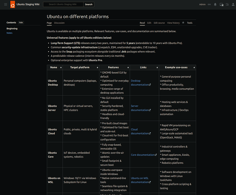 A page from the new wiki called Ubuntu on different platforms.