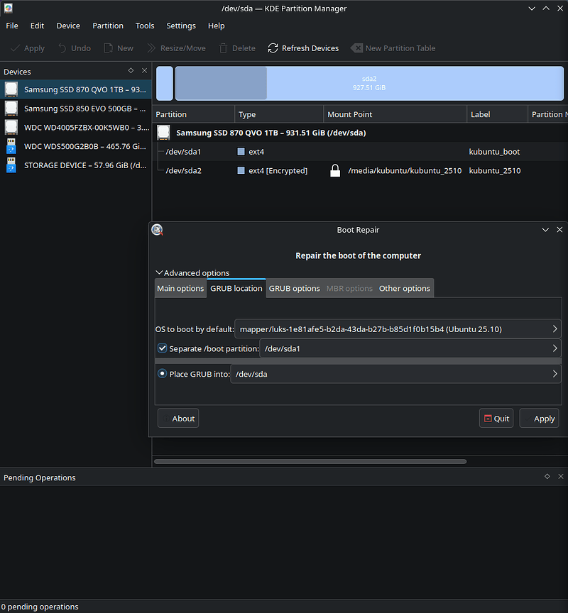 2 boot repair - grub location