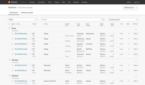 Screenshot of Canonical MAAS UI, managing machines