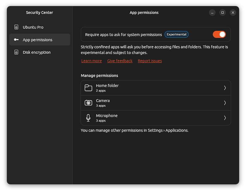 A screenshot of the Security Center App Permissions window with toggle to enable Permissions Prompting