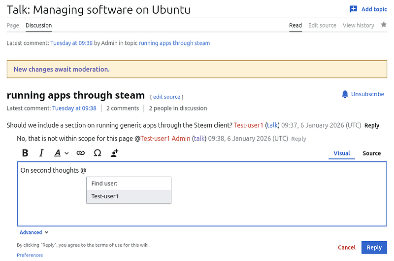 Interface for discussion threads, showing the ability to tag users with the @ symbol.