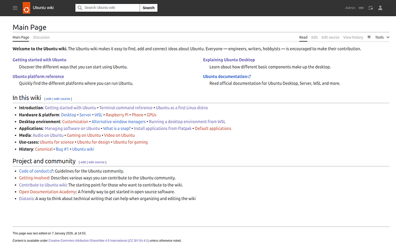 Home page of the wiki in light mode, showing the layout of links.