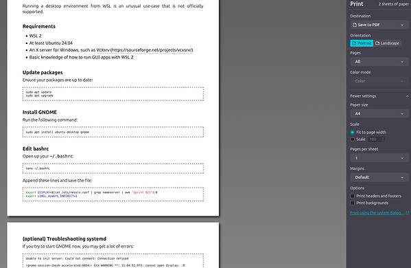 Print dialog in Firefox browser showing PDF of a wiki page for running a desktop environment on WSL, which is not a supported feature of WSL, but some people like to try.