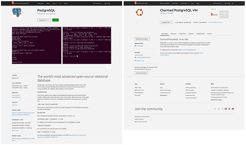 comparison of prototype refreshed pages on snapcraft.io and charmhub.io