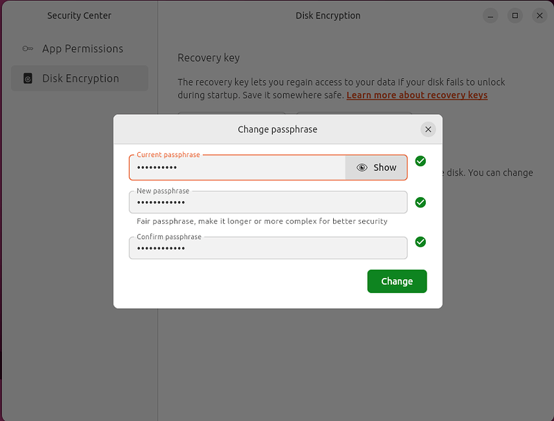 Changing passphrase in Security Center