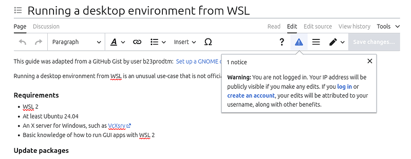 Editing interface for an anonymous user, showing a dialog explaining how anonymous editing works.