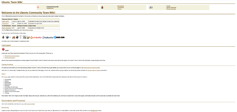Homepage of the Ubuntu wiki in 2008.