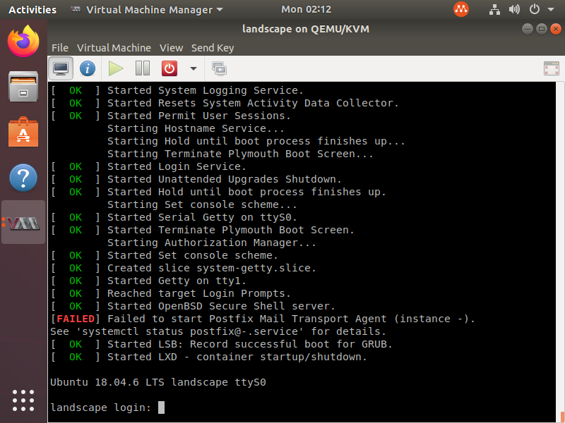 screenshot of virtual machine manager, confirm the virtual machine is done booting up