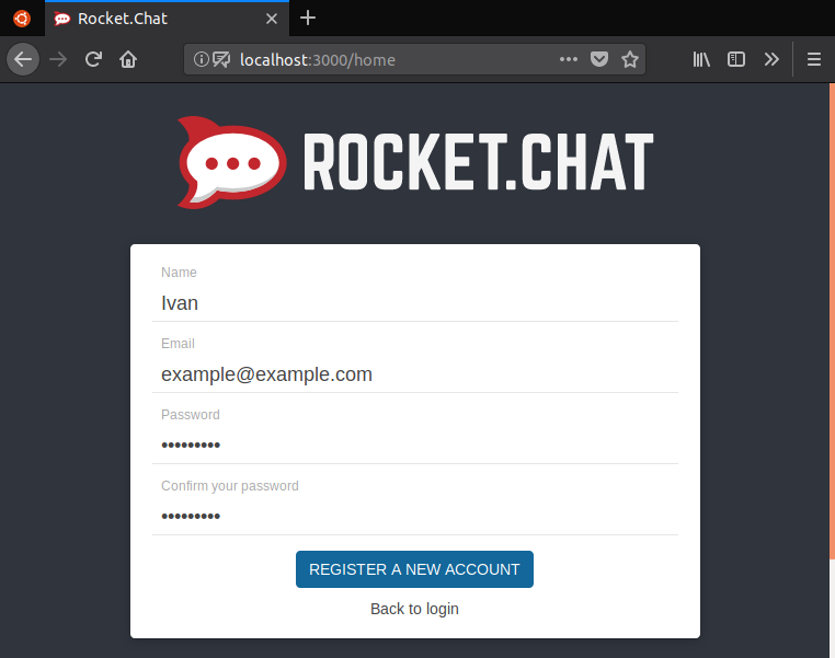 RocketChat account registration page