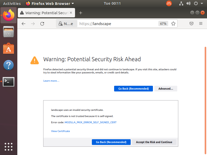 screenshot of firefox complaining about the self signed certificate