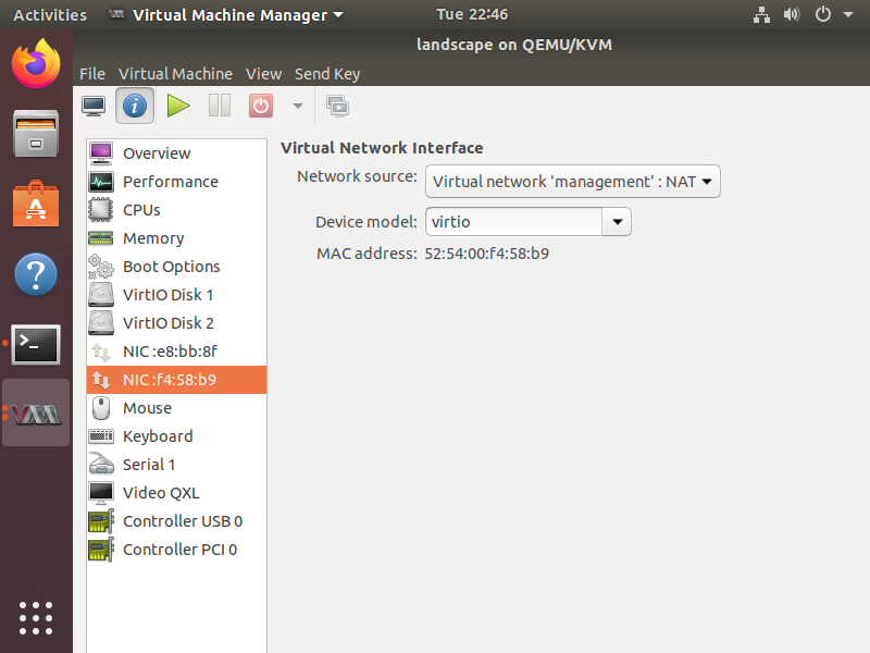 screenshot of virtual machine manager, inspecting NIC MAC addresses