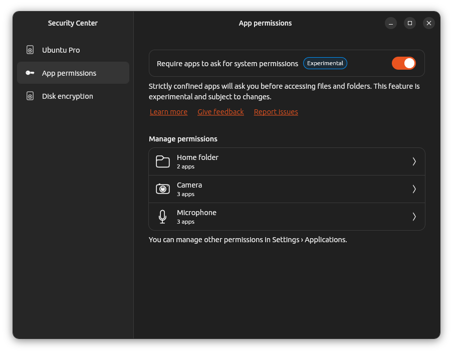 A screenshot of the Security Center App Permissions window with toggle to enable Permissions Prompting