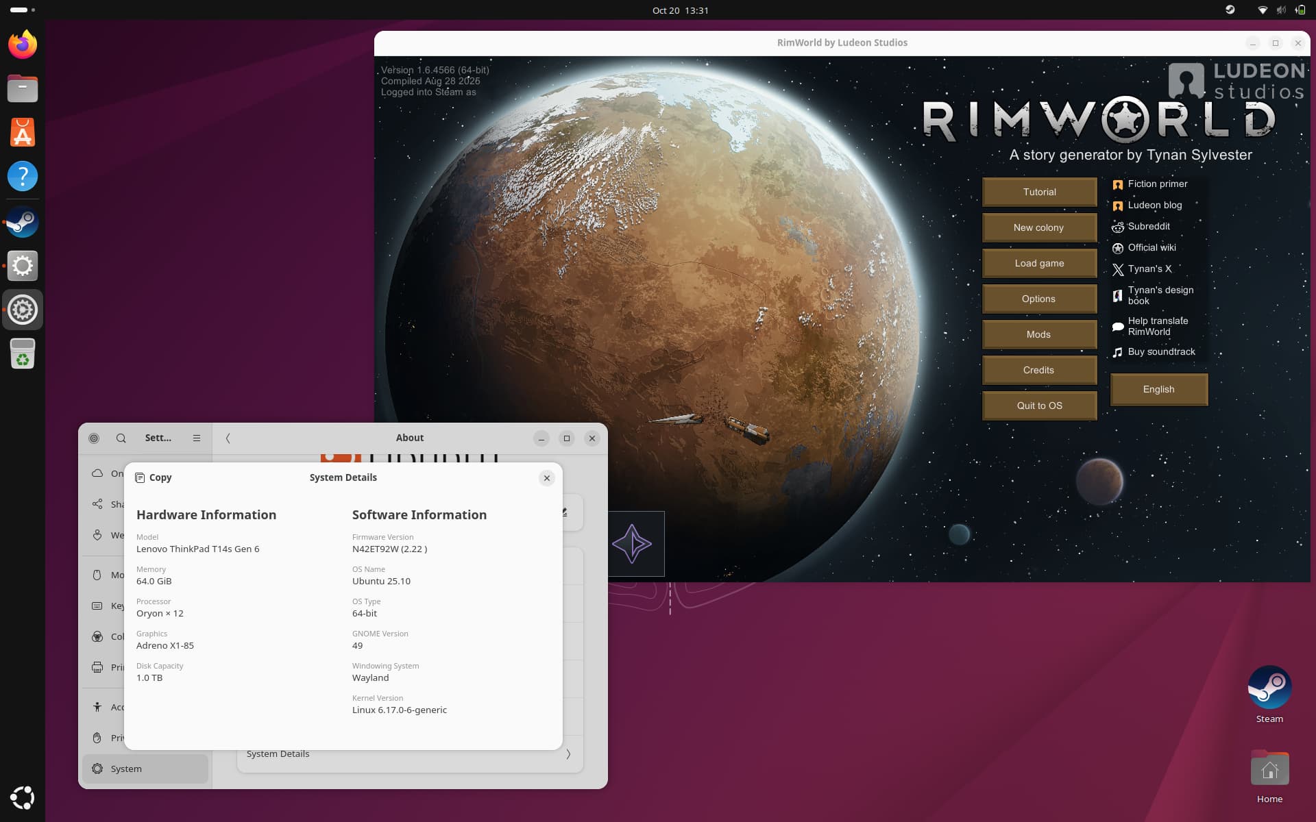 Rimworld running on a Snadragon based Thinkpad T14s Gen6